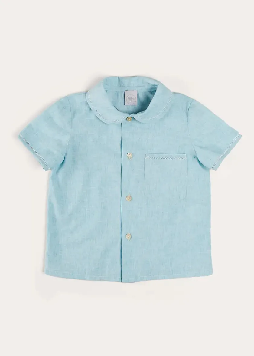 Tops & Shirts | Shirts | Pepa London Peter Pan Collar Trim Detail Short Sleeve Shirt in Blue (12mths-5yrs)