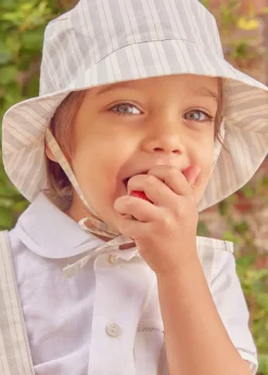 Lookbooks | Pepa London Peter Pan Collar Trim Detail Short Sleeve Shirt in White (12mths-5yrs) | Brompton Striped Shorts With Braces in Beige (12mths-4yrs) | T-Bar Leather Baby Shoes in Ivory (20-24EU) | Brompton Striped Sun Hat in Beige (XS-M) | Ribbed Short Socks in Beige (0mths-10yrs)