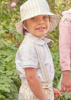 Lookbooks | Pepa London Peter Pan Collar Trim Detail Short Sleeve Shirt in White (12mths-5yrs) | Brompton Striped Shorts With Braces in Beige (12mths-4yrs) | T-Bar Leather Baby Shoes in Ivory (20-24EU) | Brompton Striped Sun Hat in Beige (XS-M) | Ribbed Short Socks in Beige (0mths-10yrs)