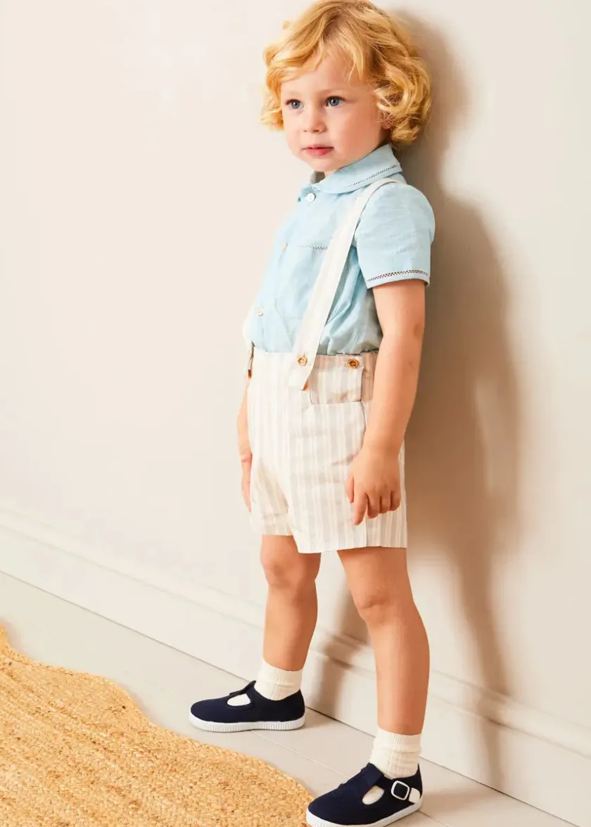 Tops & Shirts | Shirts | Pepa London Peter Pan Collar Trim Detail Short Sleeve Shirt in Blue (12mths-5yrs)