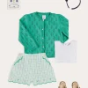 Lookbooks | Pepa London Piculina Trim Top in White (2-10yrs) | Maxwell Gingham Scallop Trim Embroidered Shorts in Green (18mths-10yrs) | Floral Openwork Cotton Cardigan in Green (2-10yrs) | Leather Woven Detail Sandals in Beige (24-35EU) | Navy Linen Big Bow Hairband | Flower Fairies of the Summer Book in White