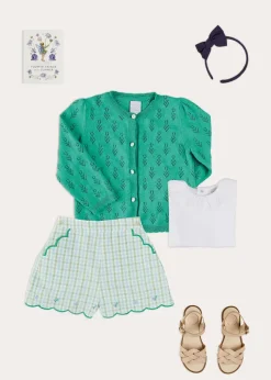 Lookbooks | Pepa London Piculina Trim Top in White (2-10yrs) | Maxwell Gingham Scallop Trim Embroidered Shorts in Green (18mths-10yrs) | Floral Openwork Cotton Cardigan in Green (2-10yrs) | Leather Woven Detail Sandals in Beige (24-35EU) | Navy Linen Big Bow Hairband | Flower Fairies of the Summer Book in White