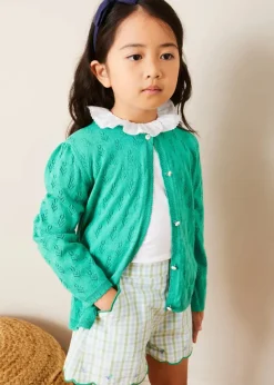Lookbooks | Pepa London Piculina Trim Top in White (2-10yrs) | Maxwell Gingham Scallop Trim Embroidered Shorts in Green (18mths-10yrs) | Floral Openwork Cotton Cardigan in Green (2-10yrs) | Leather Woven Detail Sandals in Beige (24-35EU) | Navy Linen Big Bow Hairband | Flower Fairies of the Summer Book in White