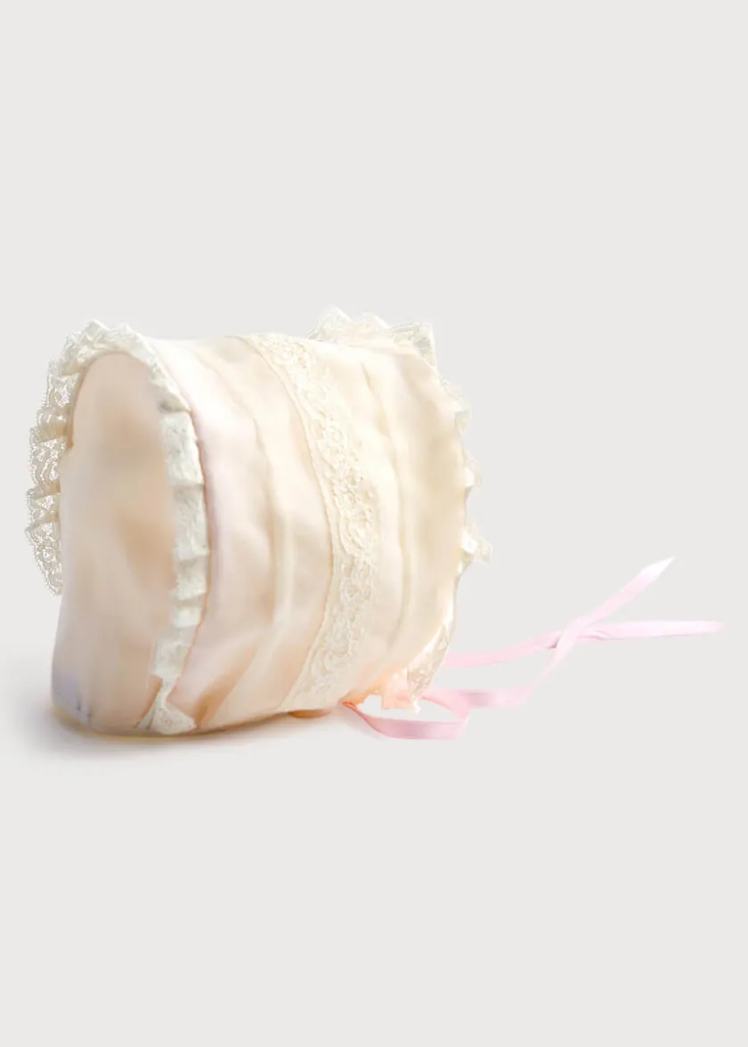 Bonnets, Booties & Mittens | Pepa London Pink Lace Christening Bonnet with Frill (3mths-2yrs)