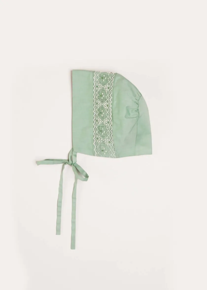 Bonnets & Booties | Bonnets & Booties | Pepa London Plain Hand Smocked Bonnet in Green
