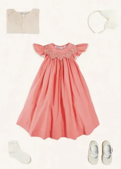 Lookbooks | Pepa London Plain Hand Smocked Sleeveless Dress in Coral (12mths-10yrs) | Plain Cardigan in Cream (6mths-10yrs) | Girls Ivory Leather Mary Jane Shoes (20-34EU) | Traditional Big Bow Tulle Hairband in Ivory | Openwork short socks White (0mths-8yrs)