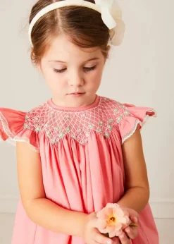 Lookbooks | Pepa London Plain Hand Smocked Sleeveless Dress in Coral (12mths-10yrs) | Plain Cardigan in Cream (6mths-10yrs) | Girls Ivory Leather Mary Jane Shoes (20-34EU) | Traditional Big Bow Tulle Hairband in Ivory | Openwork short socks White (0mths-8yrs)