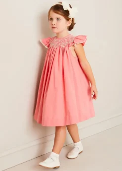 Lookbooks | Pepa London Plain Hand Smocked Sleeveless Dress in Coral (12mths-10yrs) | Plain Cardigan in Cream (6mths-10yrs) | Girls Ivory Leather Mary Jane Shoes (20-34EU) | Traditional Big Bow Tulle Hairband in Ivory | Openwork short socks White (0mths-8yrs)