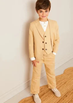 Lookbooks | Pepa London Plain Light Linen Blazer in Beige (4-10yrs) | Linen Mao Collar Long Sleeve Shirt in White (12mths-10yrs) | Plain Light Linen Vest in Beige (4-10yrs) | Linen Suit Trousers in Beige (4-10yrs) | Cream Boy's Belt | Suede Lace-up Espadrilles in Beige (24-35EU) | Ribbed Short Socks - Cream (0mths-10yrs)