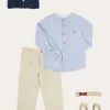 Lookbooks | Pepa London Plain Mao Collar Long Sleeve Shirt in Blue (4-10yrs) | Plain Cardigan in Navy (6mths-10yrs) | Suede Lace-up Espadrilles in Beige (24-35EU) | Cream Boy's Belt