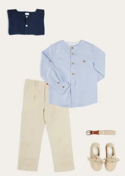 Lookbooks | Pepa London Plain Mao Collar Long Sleeve Shirt in Blue (4-10yrs) | Plain Cardigan in Navy (6mths-10yrs) | Suede Lace-up Espadrilles in Beige (24-35EU) | Cream Boy's Belt