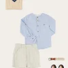 Lookbooks | Pepa London Plain Mao Collar Long Sleeve Shirt in Blue (4-10yrs) | Brompton Striped Shorts in Beige (4-10yrs) | Cable Knit V-Neck Jumper in Cream (4-10yrs) | Canvas Plimsolls in Navy (20-35EU) | Cream Boy's Belt