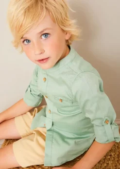 Tops & Shirts | Shirts | Pepa London Plain Mao Collar Long Sleeve Shirt in Green (12mths-10yrs)
