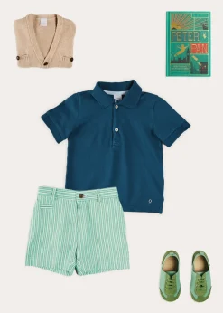 Lookbooks | Pepa London Plain Short Sleeve Polo Shirt in Navy (2-10yrs) | Cheyne Striped Pocket Detail Shorts in Green (4-10yrs) | Safari Button Detail Cardigan in Camel (4-10yrs) | Canvas Lace Up Plimsols in Green (23-35EU) | Peter Pan Book
