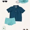 Lookbooks | Pepa London Plain Short Sleeve Polo Shirt in Navy (2-10yrs) | Adelaide Floral Swim Shorts in Green (12mths-4yrs) | Adelaide Floral Beach Hat in Green (S-M)