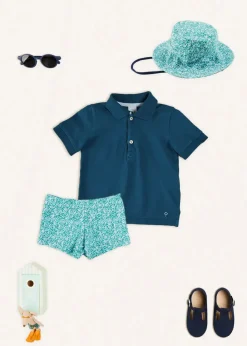 Lookbooks | Pepa London Plain Short Sleeve Polo Shirt in Navy (2-10yrs) | Adelaide Floral Swim Shorts in Green (12mths-4yrs) | Adelaide Floral Beach Hat in Green (S-M)