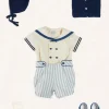 Lookbooks | Pepa London Regency Stripe Mariner Collar Two Piece Set With Bloomers in Blue (6mths-3yrs) | Plain Cardigan in Navy (6mths-10yrs) | Openwork Knitted Bonnet in Navy (S-L) | T-Bar Baby Shoes in Blue (20-26EU) | Cotton Short Socks Cream (0mths-10yrs) | Limited Edition Merrythought & Pepa Teddy Bear With Regency Striped Bow in Blue (S-L)