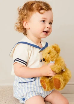 Lookbooks | Pepa London Regency Stripe Mariner Collar Two Piece Set With Bloomers in Blue (6mths-3yrs) | Plain Cardigan in Navy (6mths-10yrs) | Openwork Knitted Bonnet in Navy (S-L) | T-Bar Baby Shoes in Blue (20-26EU) | Cotton Short Socks Cream (0mths-10yrs) | Limited Edition Merrythought & Pepa Teddy Bear With Regency Striped Bow in Blue (S-L)