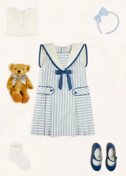 Lookbooks | Pepa London Regency Striped Mariner Collar Pleated Sleeveless Dress in Blue (2-10yrs) | Openwork Cotton Cardigan in Cream (6mths-10yrs) | Limited Edition Merrythought & Pepa Teddy Bear With Regency Striped Bow in Blue (S-L) | Blue Linen Big Bow Hairband | Openwork short socks White (0mths-8yrs)