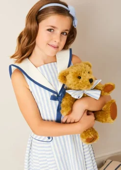 Lookbooks | Pepa London Regency Striped Mariner Collar Pleated Sleeveless Dress in Blue (2-10yrs) | Openwork Cotton Cardigan in Cream (6mths-10yrs) | Limited Edition Merrythought & Pepa Teddy Bear With Regency Striped Bow in Blue (S-L) | Blue Linen Big Bow Hairband | Openwork short socks White (0mths-8yrs)