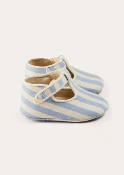 T-bars | T-bar Shoes | Pepa London Regency Striped T-Bar Pram Shoes in Blue (17-20EU)