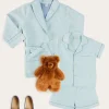 Lookbooks | Pepa London Rochester Striped Short Sleeve Pyjamas in Green (18mths-10yrs) | Rochester Striped Dressing Gown in Green (18mths-10yrs) | Linen Slippers With Contrast Piping in Cream (24-35EU)