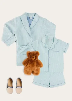 Lookbooks | Pepa London Rochester Striped Short Sleeve Pyjamas in Green (18mths-10yrs) | Rochester Striped Dressing Gown in Green (18mths-10yrs) | Linen Slippers With Contrast Piping in Cream (24-35EU)