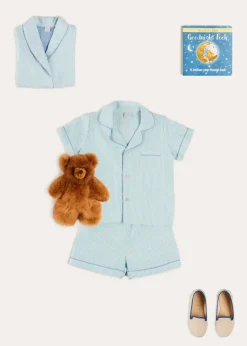 Lookbooks | Pepa London Rochester Striped Short Sleeve Pyjamas in Green (18mths-10yrs) | Rochester Striped Dressing Gown in Green (18mths-10yrs) | Linen Slippers With Contrast Piping in Cream (24-35EU) | Goodnight Winnie Pooh Book in Navy