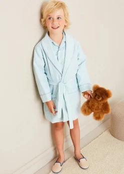 Lookbooks | Pepa London Rochester Striped Short Sleeve Pyjamas in Green (18mths-10yrs) | Rochester Striped Dressing Gown in Green (18mths-10yrs) | Linen Slippers With Contrast Piping in Cream (24-35EU)