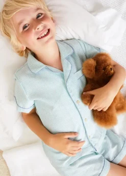 Lookbooks | Pepa London Rochester Striped Short Sleeve Pyjamas in Green (18mths-10yrs) | Rochester Striped Dressing Gown in Green (18mths-10yrs) | Linen Slippers With Contrast Piping in Cream (24-35EU)
