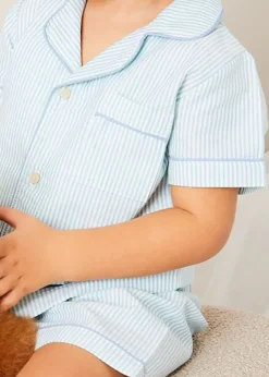 Lookbooks | Pepa London Rochester Striped Short Sleeve Pyjamas in Green (18mths-10yrs) | Rochester Striped Dressing Gown in Green (18mths-10yrs) | Linen Slippers With Contrast Piping in Cream (24-35EU) | Goodnight Winnie Pooh Book in Navy