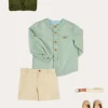 Lookbooks | Pepa London Safari Button Detail Cardigan in Green (4-10yrs) | Plain Mao Collar Long Sleeve Shirt in Green (12mths-10yrs) | Plain Chino Shorts in Camel (4-10yrs) | Brown Striped Belt