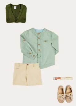 Lookbooks | Pepa London Safari Button Detail Cardigan in Green (4-10yrs) | Plain Mao Collar Long Sleeve Shirt in Green (12mths-10yrs) | Plain Chino Shorts in Camel (4-10yrs) | Brown Striped Belt