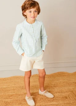 Lookbooks | Pepa London Safari Button Detail Cardigan in Camel (4-10yrs) | Maxwell Gingham Mao Collar Long Sleeve Shirt in Green (3-10yrs) | Plain Cotton Shorts in White (4-10yrs) | Suede Lace-up Espadrilles in Beige (24-35EU) | The Christopher Robin Collection Book