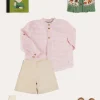 Lookbooks | Pepa London Safari Intarsia Cardigan in Green (6mths-6yrs) | Hertford Striped Mao Collar Long Sleeve Shirt in Coral (12mths-10yrs) | Faux Pocket Elasticated Waist Shorts in Ivory (12mths-4yrs) | Leather T-Bar Baby Shoes in Brown (20-26EU) | Ribbed Short Socks in Beige (0mths-10yrs) | Little People, Big Dreams - David Attenborough Book in Green