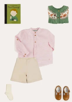 Lookbooks | Pepa London Safari Intarsia Cardigan in Green (6mths-6yrs) | Hertford Striped Mao Collar Long Sleeve Shirt in Coral (12mths-10yrs) | Faux Pocket Elasticated Waist Shorts in Ivory (12mths-4yrs) | Leather T-Bar Baby Shoes in Brown (20-26EU) | Ribbed Short Socks in Beige (0mths-10yrs) | Little People, Big Dreams - David Attenborough Book in Green
