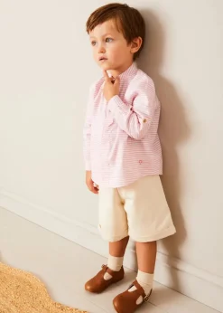 Lookbooks | Pepa London Safari Intarsia Cardigan in Green (6mths-6yrs) | Hertford Striped Mao Collar Long Sleeve Shirt in Coral (12mths-10yrs) | Faux Pocket Elasticated Waist Shorts in Ivory (12mths-4yrs) | Leather T-Bar Baby Shoes in Brown (20-26EU) | Ribbed Short Socks in Beige (0mths-10yrs) | Little People, Big Dreams - David Attenborough Book in Green