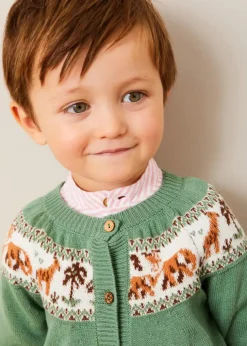 Lookbooks | Pepa London Safari Intarsia Cardigan in Green (6mths-6yrs) | Hertford Striped Mao Collar Long Sleeve Shirt in Coral (12mths-10yrs) | Faux Pocket Elasticated Waist Shorts in Ivory (12mths-4yrs) | Leather T-Bar Baby Shoes in Brown (20-26EU) | Ribbed Short Socks in Beige (0mths-10yrs) | Little People, Big Dreams - David Attenborough Book in Green