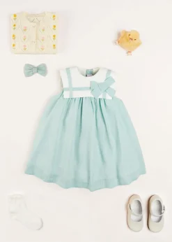 Lookbooks | Pepa London Sleeveless Trapeze Dress With Bow Detail in Green (12mths-10yrs) | Green Linen Hairband | Mary Jane Leather Baby Shoes in Ivory (20-24EU) | Openwork short socks White (0mths-8yrs) | Chick Toy in Yellow