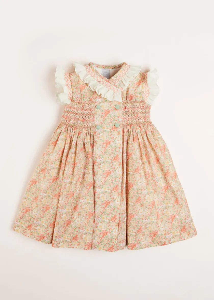 Dresses | Dresses | Pepa London Sophie Floral Print Hand Smocked Double Breasted Dress in Peach (12mths-10yrs)