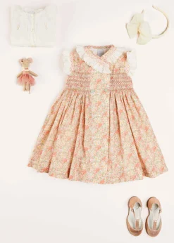 Dresses | Dresses | Pepa London Sophie Floral Print Hand Smocked Double Breasted Dress in Peach (12mths-10yrs)