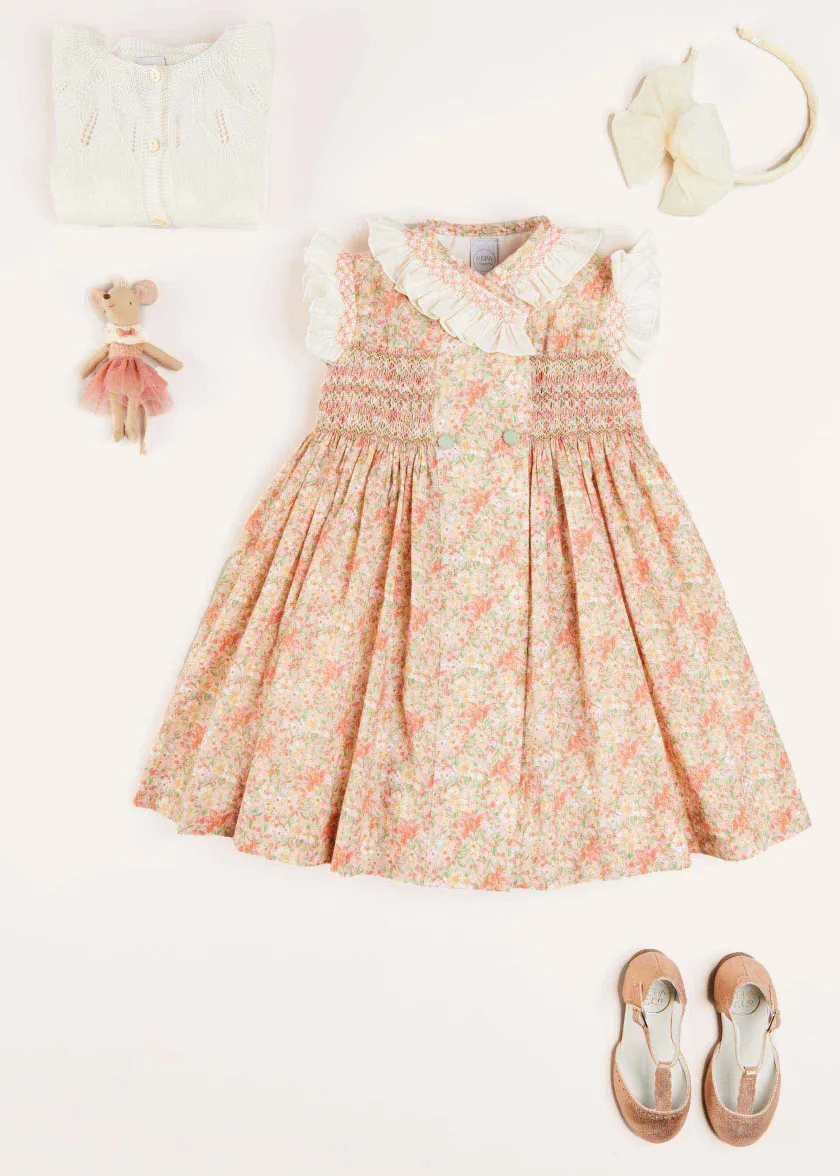 Dresses | Dresses | Pepa London Sophie Floral Print Hand Smocked Double Breasted Dress in Peach (12mths-10yrs)