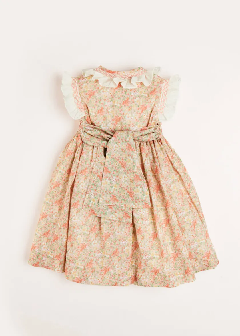 Dresses | Dresses | Pepa London Sophie Floral Print Hand Smocked Double Breasted Dress in Peach (12mths-10yrs)
