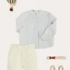 Lookbooks | Pepa London Stafford Striped Mao Collar Long Sleeve Shirt in Yellow (12mths-10yrs) | Plain Cotton Shorts in White (4-10yrs) | Suede Lace-up Espadrilles in Beige (24-35EU) | Cream Boy's Belt