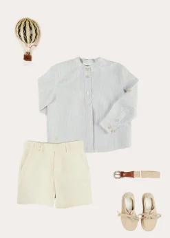 Lookbooks | Pepa London Stafford Striped Mao Collar Long Sleeve Shirt in Yellow (12mths-10yrs) | Plain Cotton Shorts in White (4-10yrs) | Suede Lace-up Espadrilles in Beige (24-35EU) | Cream Boy's Belt