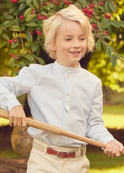 Lookbooks | Pepa London Stafford Striped Mao Collar Long Sleeve Shirt in Yellow (12mths-10yrs) | Plain Cotton Shorts in White (4-10yrs) | Suede Lace-up Espadrilles in Beige (24-35EU) | Cream Boy's Belt