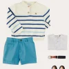 Lookbooks | Pepa London Striped Crewneck Button Detail Jumper in Blue (12mths-10yrs) | Stafford Striped Mao Collar Long Sleeve Shirt in Yellow (12mths-10yrs) | Plain Pocket Detail Shorts in Blue (4-10yrs) | Canvas Plimsolls in Navy (20-35EU) | Navy Belt