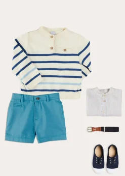 Lookbooks | Pepa London Striped Crewneck Button Detail Jumper in Blue (12mths-10yrs) | Stafford Striped Mao Collar Long Sleeve Shirt in Yellow (12mths-10yrs) | Plain Pocket Detail Shorts in Blue (4-10yrs) | Canvas Plimsolls in Navy (20-35EU) | Navy Belt
