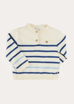 Knitwear & Cardigans | Knitwear & Cardigans | Pepa London Striped Crewneck Button Detail Jumper in Blue (12mths-10yrs)