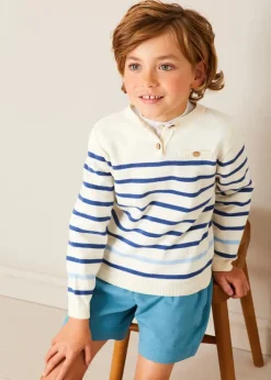 Lookbooks | Pepa London Striped Crewneck Button Detail Jumper in Blue (12mths-10yrs) | Stafford Striped Mao Collar Long Sleeve Shirt in Yellow (12mths-10yrs) | Plain Pocket Detail Shorts in Blue (4-10yrs) | Canvas Plimsolls in Navy (20-35EU) | Navy Belt